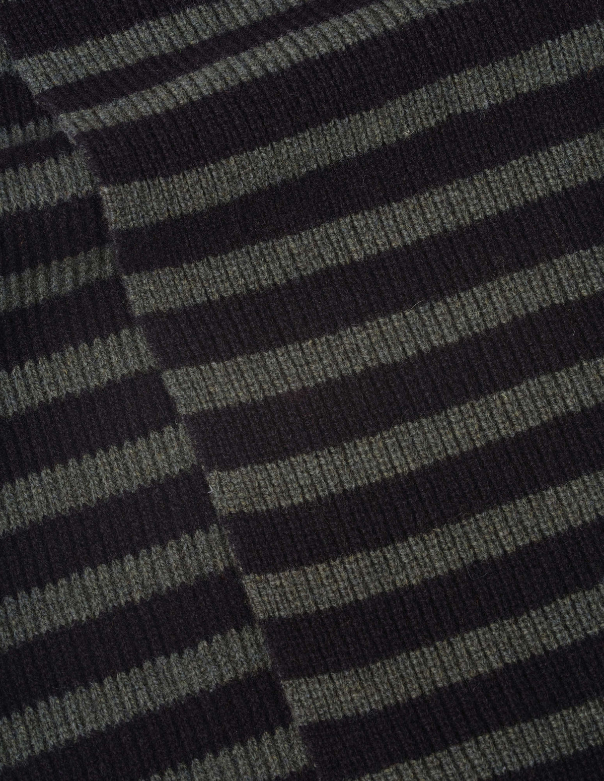 Black and brownish green textured stripe lambswool knitted scarf, fabric swatch.