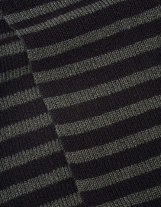 Black and brownish green textured stripe lambswool knitted scarf, fabric swatch.