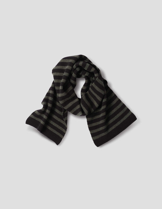 Black and brownish green knitted wool striped scarf, front flat lay view.