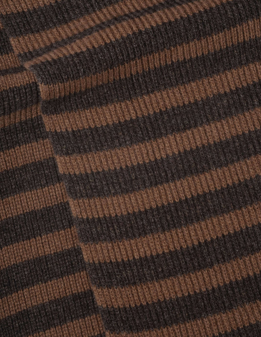 Dark brown and light brown textured stripe lambswool knitted scarf, fabric swatch.