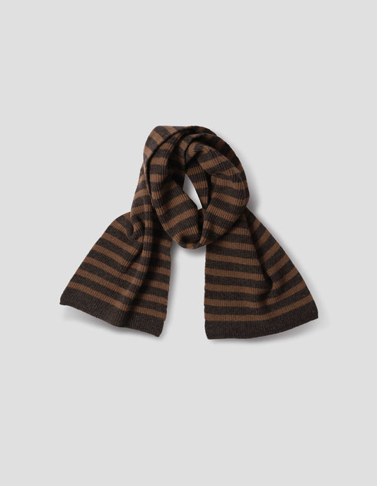 Dark brown and light brown knitted wool striped scarf, front flat lay view.