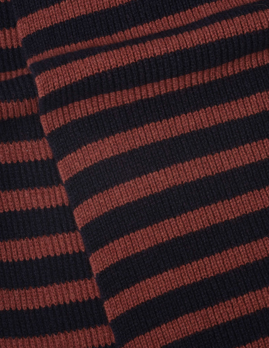 Navy and brownish orange textured stripe lambswool knitted scarf, fabric swatch.