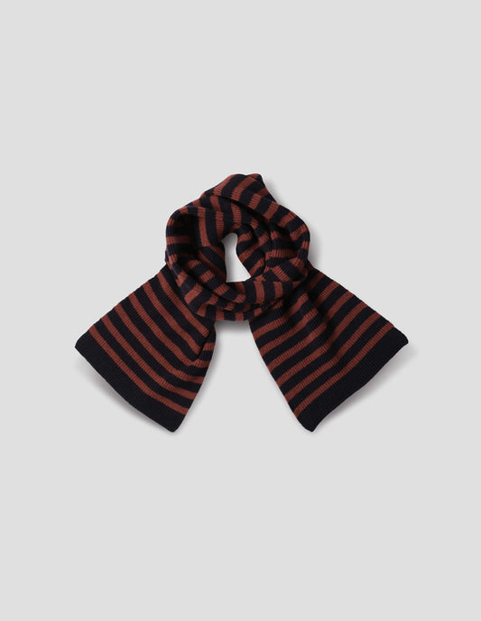 Navy and brownish orange knitted wool striped scarf, front flat lay view.