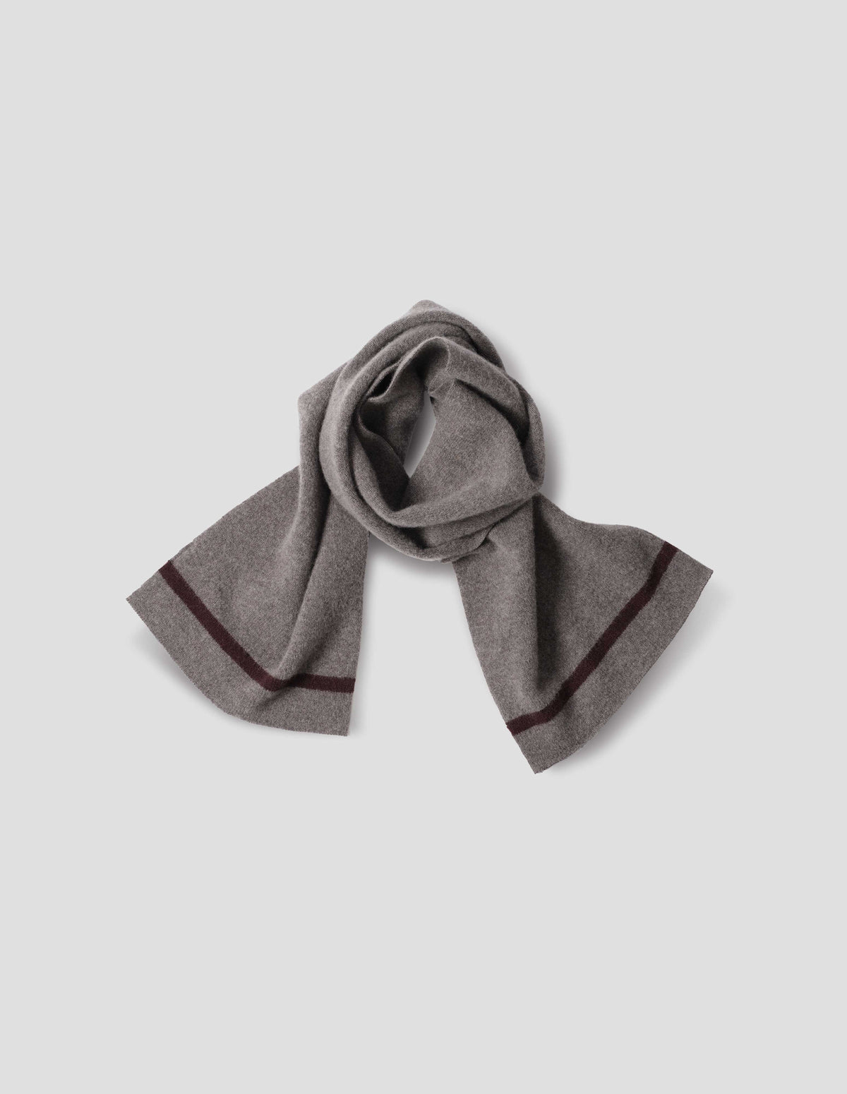 Brownish grey with a dark brown stripe scarf, front flat lay view.