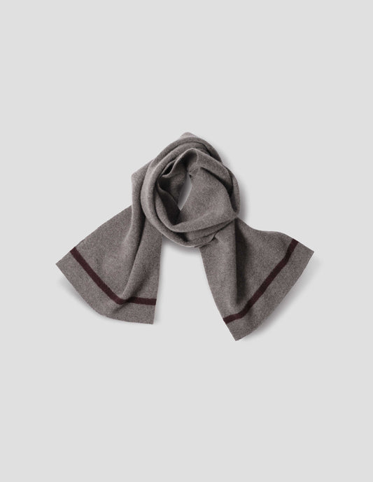 Brownish grey with a dark brown stripe scarf, front flat lay view.