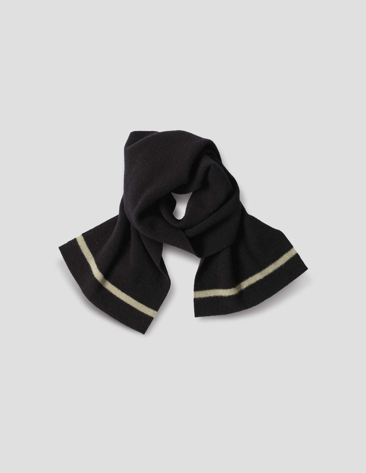 Black with an off white stripe scarf, front flat lay view.