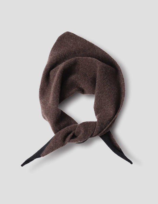 Brown wool scout scarf with black wool trim, front flat lay view.