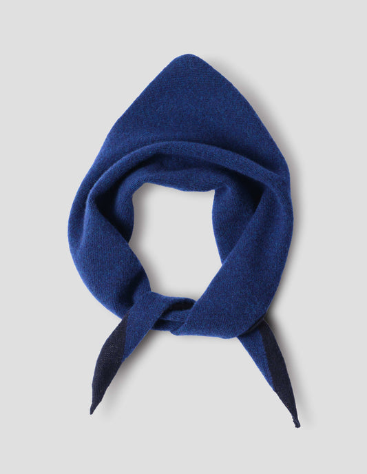 Blue wool scout scarf with dark navy wool trim, front flat lay view.