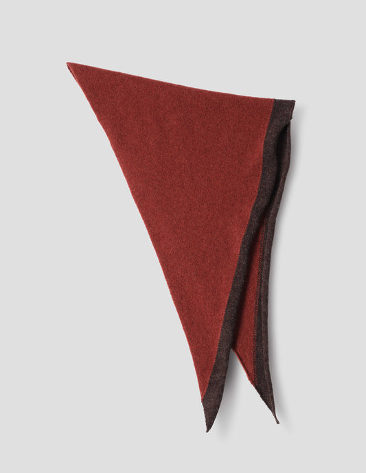 Orangish brown wool scout scarf with dark brow wool trim, alternate flat lay view of scarf folded in half.