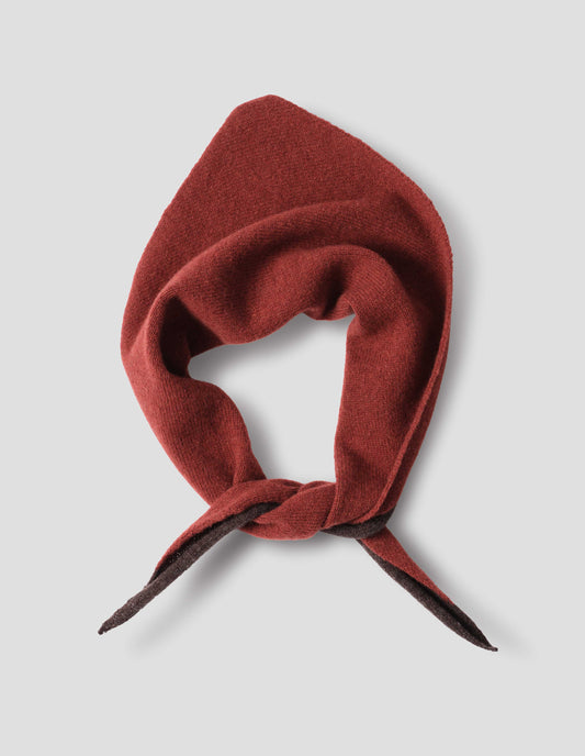 Orangish brown wool scout scarf with dark brown wool trim, front flat lay view.