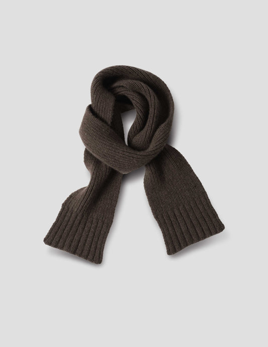 Dark brown knitted ribbed cashmere scarf, front flat lay view.