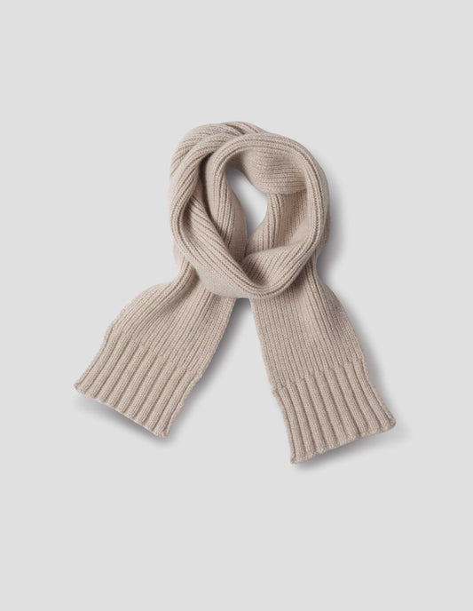 Beige knitted ribbed cashmere scarf, front flat lay view.