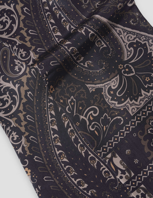 Dark blue silk scarf with light and dark beige paisley print, fabric swatch.
