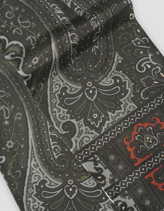Dark green silk scarf with orange, green and light blue paisley scarf, fabric swatch.