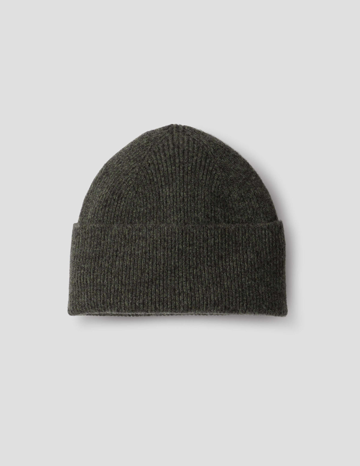 Khaki green merino cashmere knitted ribbed beanie with contrasting grey flecks. Front flat lay view. 