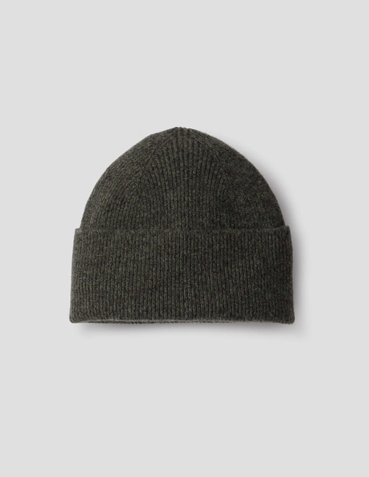 Khaki green merino cashmere knitted ribbed beanie with contrasting grey flecks. Front flat lay view. 