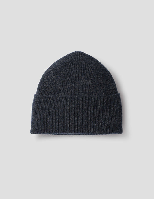 Dark blue merino cashmere knitted ribbed beanie with contrasting grey flecks. Front flat lay view. 