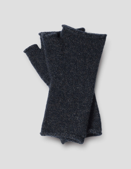 Dark blue merino cashmere fingerless mittens with contrasting grey flecks. Front flat lay view. 