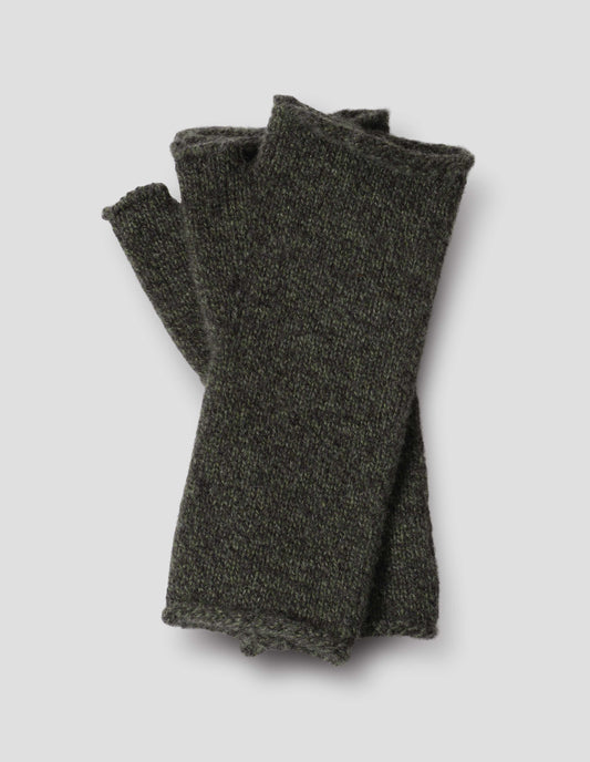 Dark green merino cashmere fingerless mittens with contrasting green and grey flecks. Front flat lay view. 