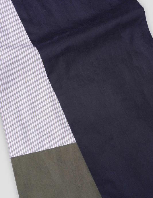 Dark blue with green and striped white soft cotton silk scarf fabric swatch.