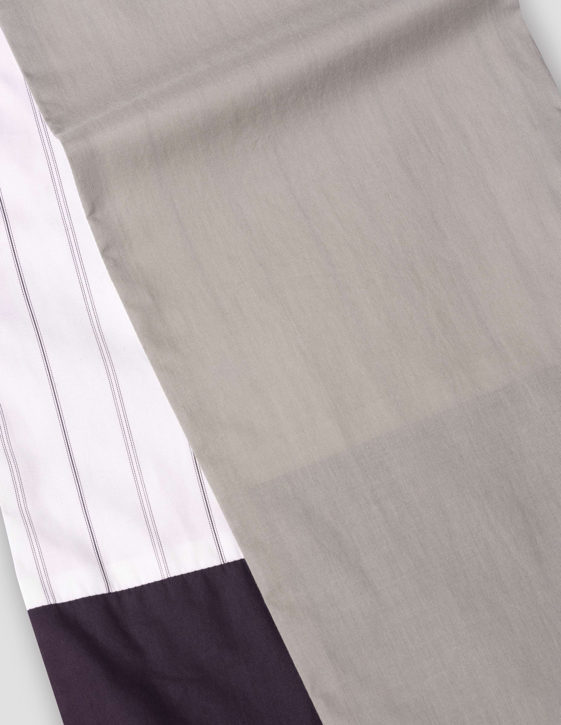 Light grey with dark blue and pin stripe on white washed cotton scarf fabric swatch.
