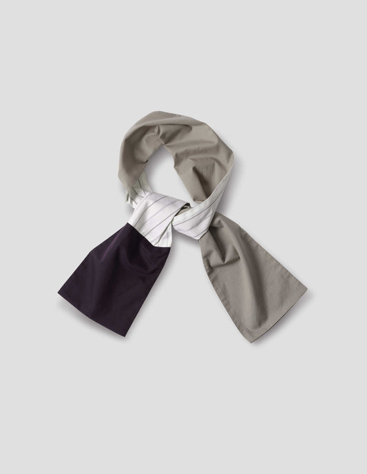 Light grey cotton scarf with dark blue and pin stripe on white on reverse. Front flat lay view.