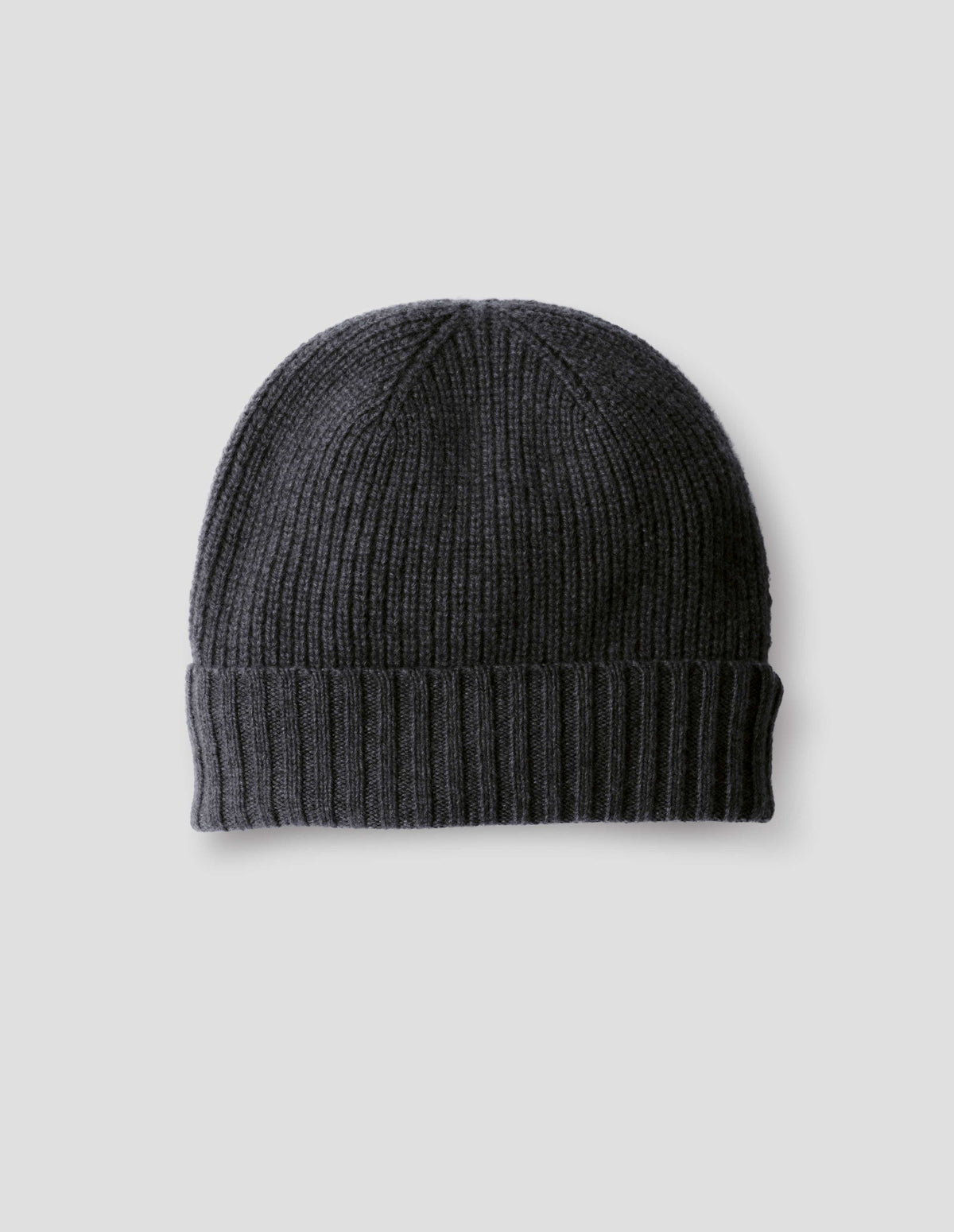 Black cashmere merino knitted beanie with contrasting rib brim. Front flat lay view.
