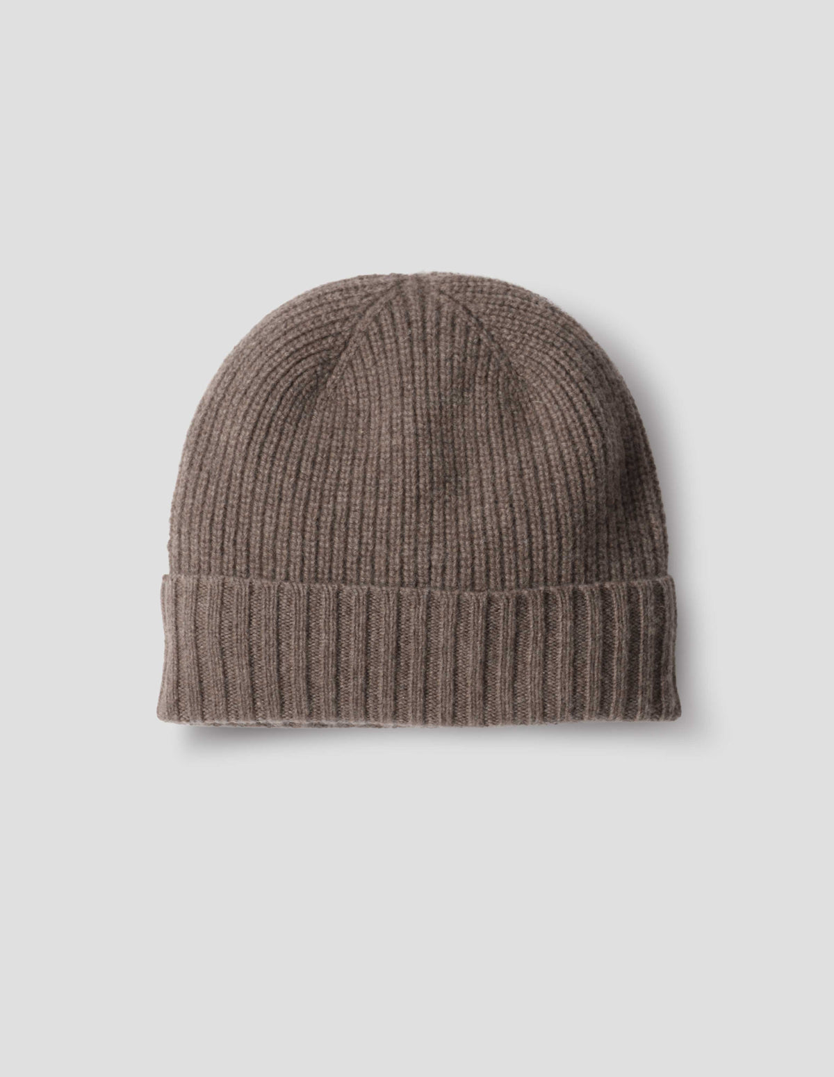 Grey cashmere merino  knitted beanie with contrasting rib brim. Front flat lay view.