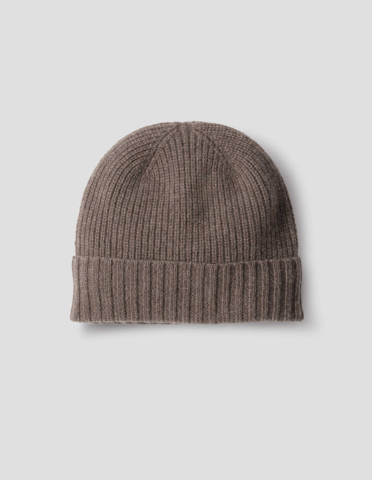 Grey cashmere merino  knitted beanie with contrasting rib brim. Front flat lay view.