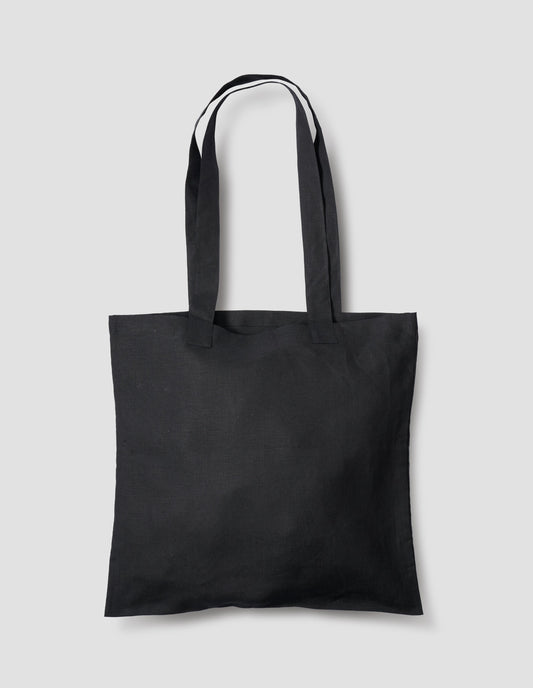 Black linen tote bag. Back flat lay view.