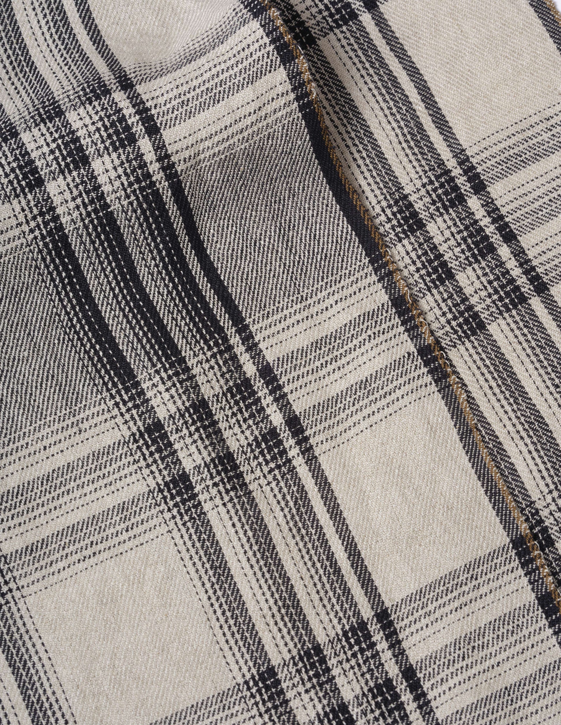 Off white and black check textured linen scarf, fabric swatch.