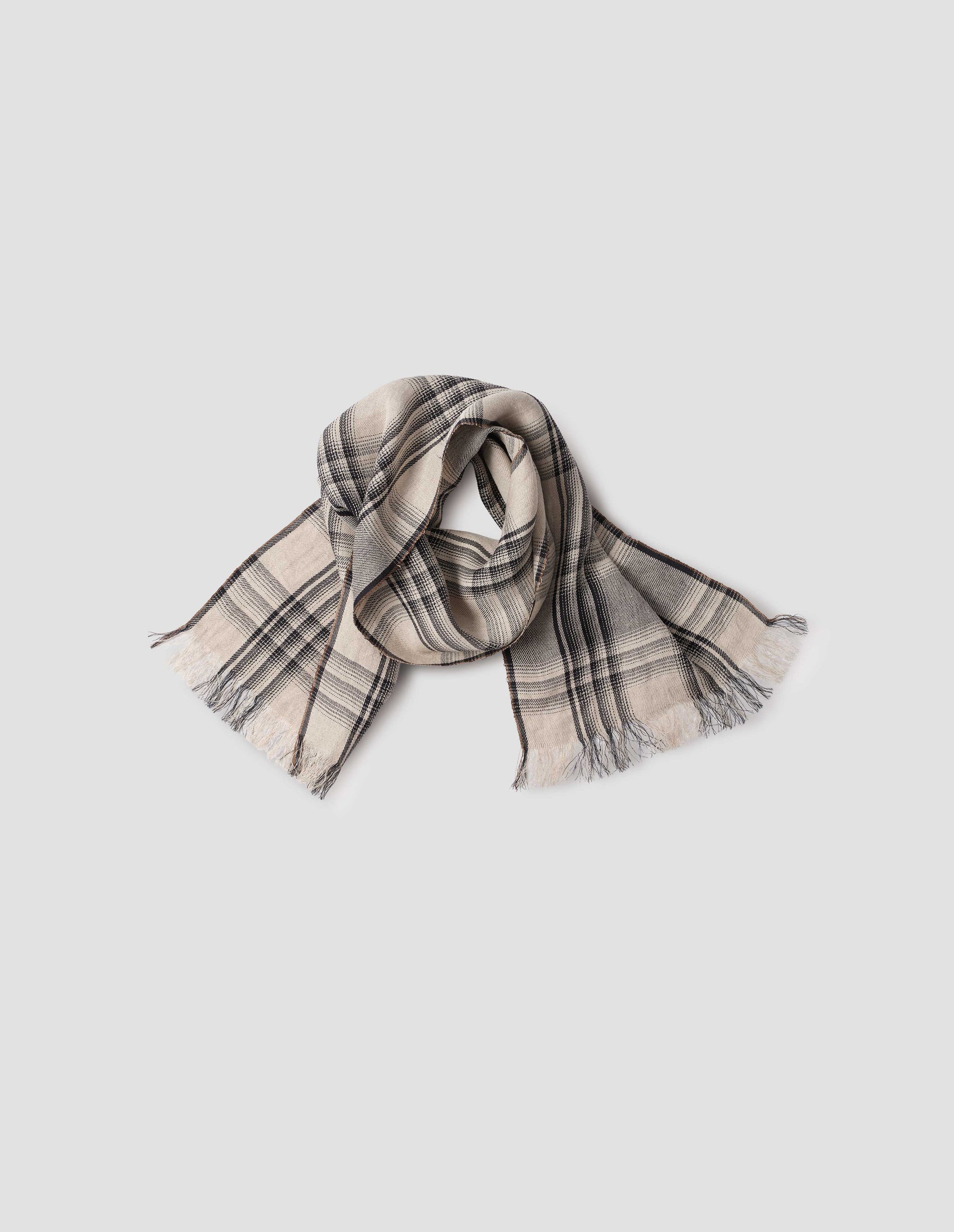Off white and black checked linen scarf, front flat lay view.