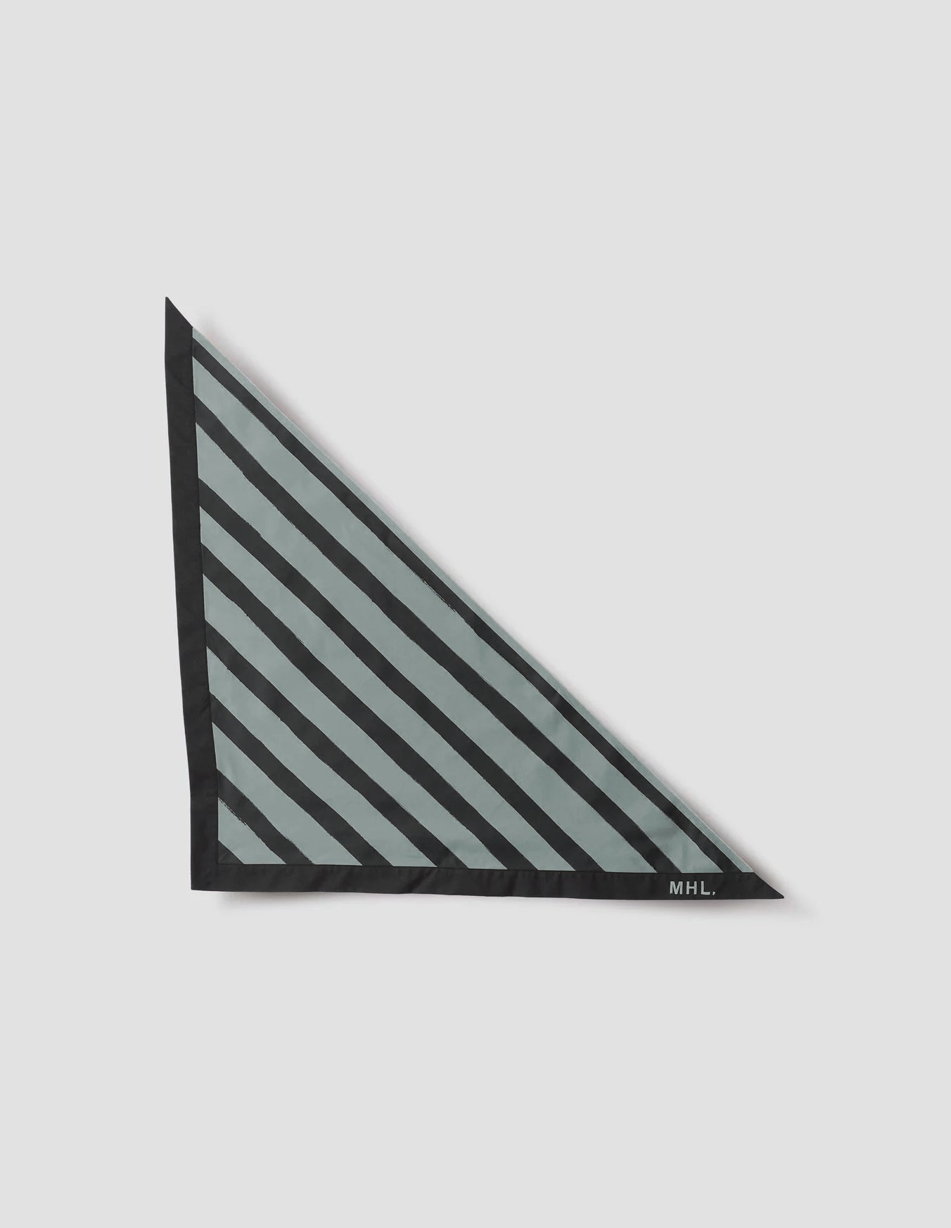 Greyish blue and dark blue striped cotton scout scarf, with contrasting block border and MHL. logo stamped in corner. Front flat lay view.