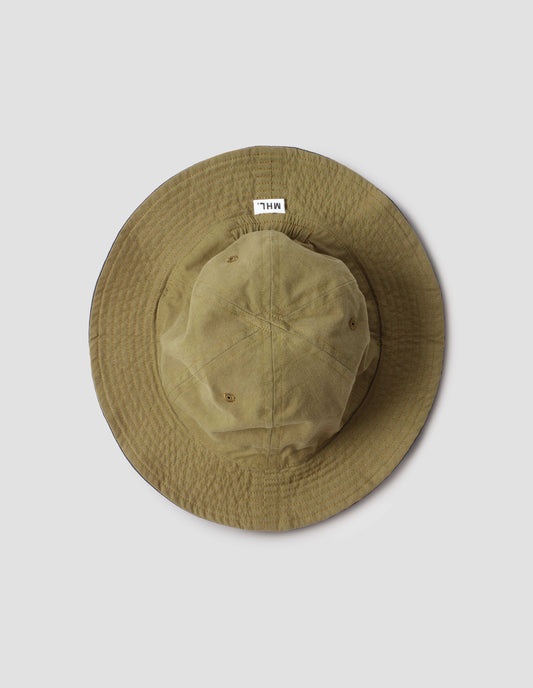 Reverse side Olive cotton hat showing stitching detail on brim and MHL. label. Bird's eye flat lay view.
