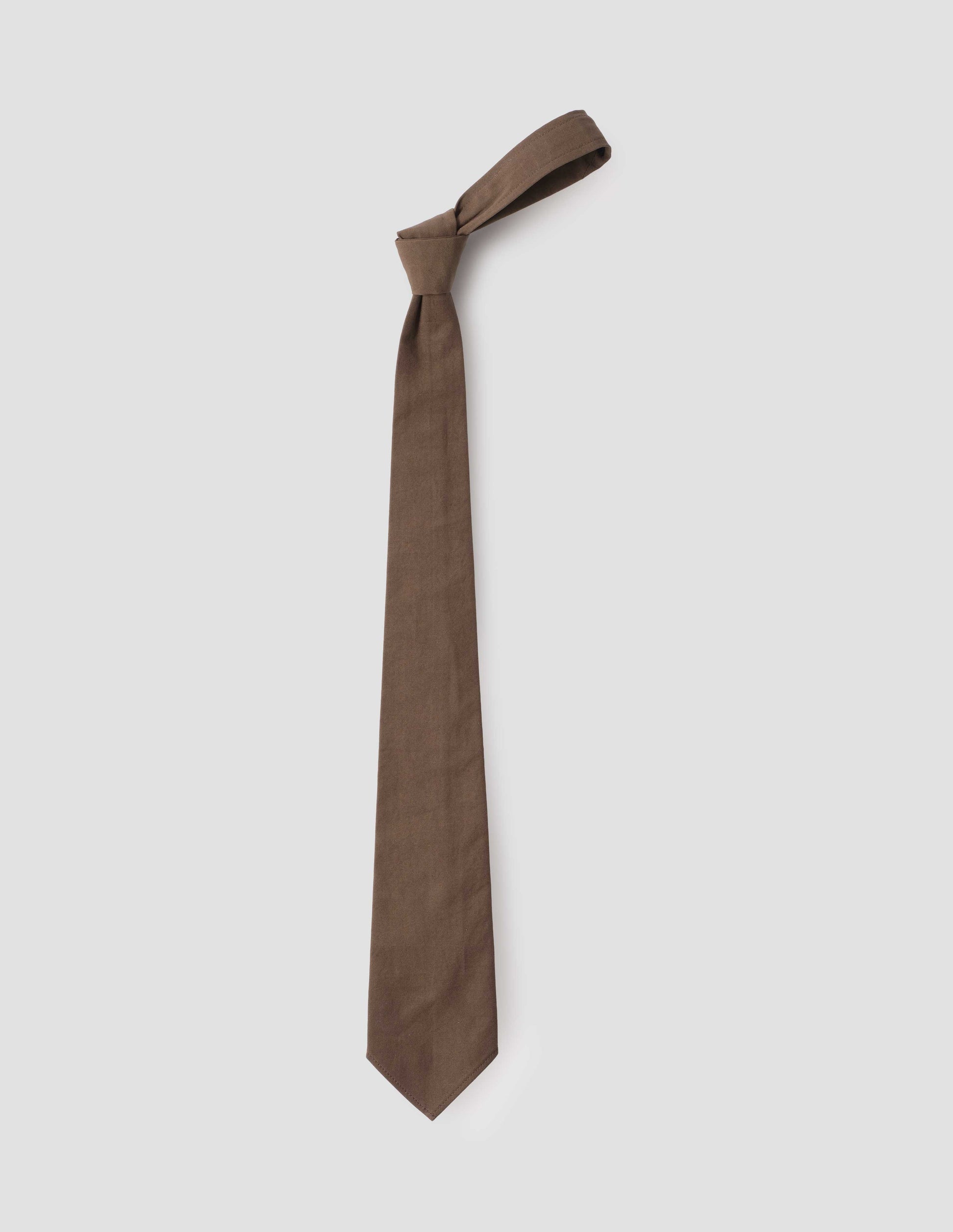 Greenish brown cotton poplin neck tie, front flat lay view.