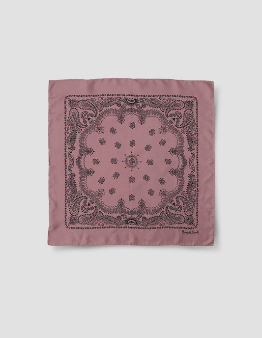 Pink square neck scarf with contrast black paisley pattern and Margaret Howell signature in bottom right corner. Front flat lay view.