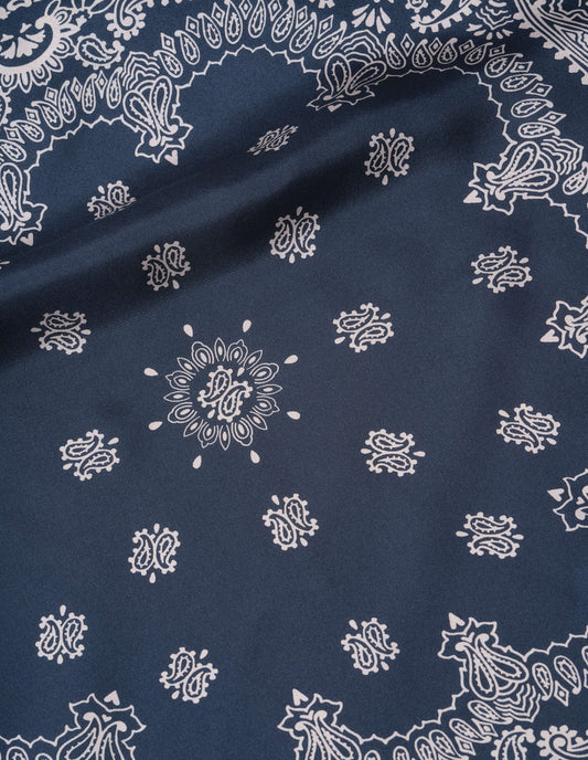 Navy blue paisley bandana silk twill scarf, fabric swatch.