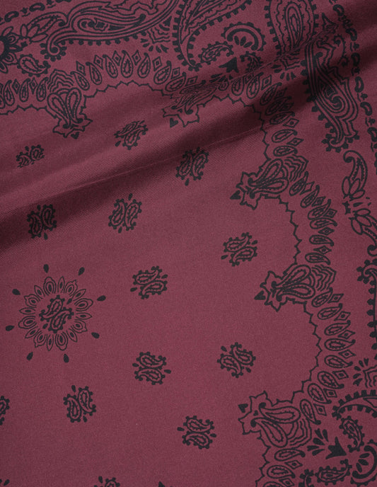 Dark pinkish red paisley bandana silk twill scarf, fabric swatch.