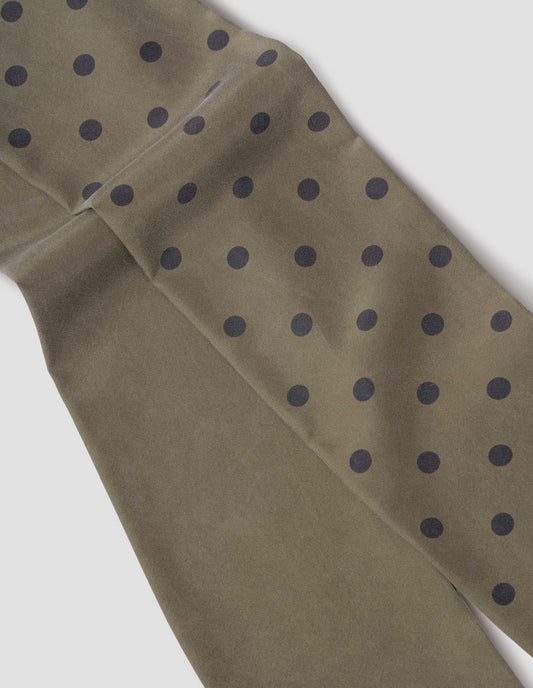 Brownish green silk scarf with light green spots on one side, fabric swatch.