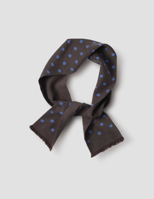 Dark brown silk scarf with blue spots. Front flat lay view.