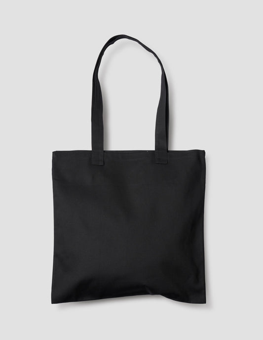 Black cotton tote bag. Back flat lay view.