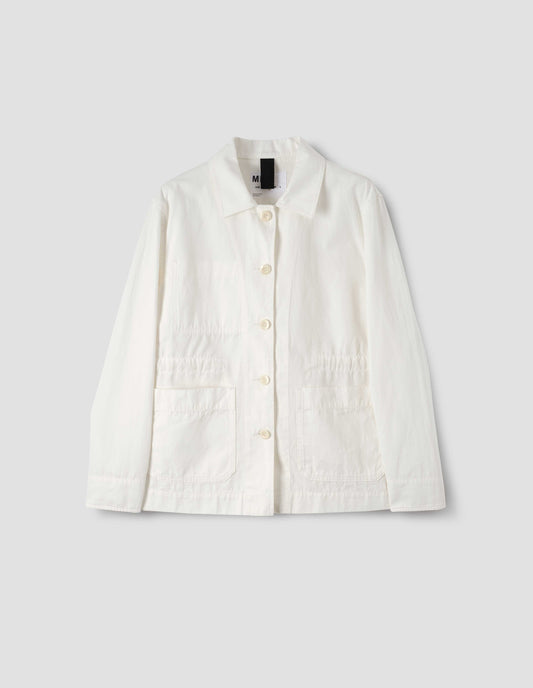 Off white jacket with two front patch pockets, button closure and cuffs, front flat lay.