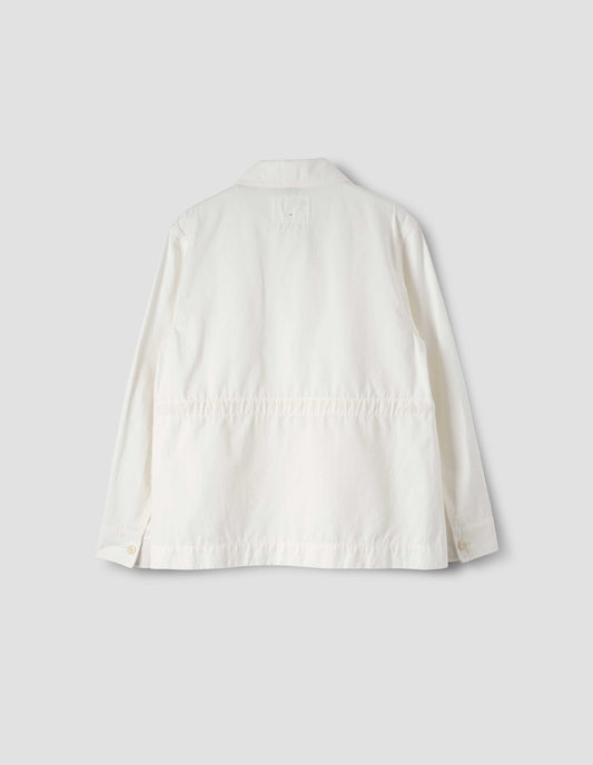 Off white jacket with button closure cuffs, back flat lay.