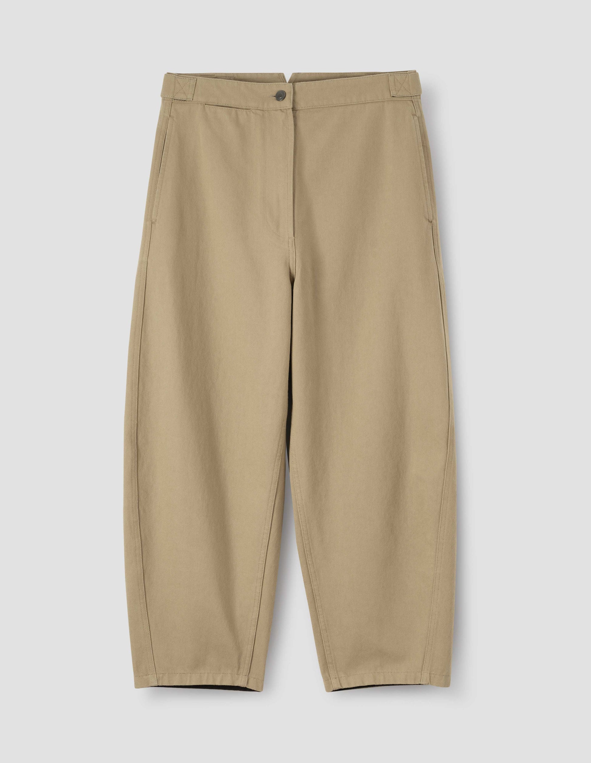 Beige trousers with zip fly and button through fastening, side cinch adjusters on waistband and concealed side pockets. Front flat lay view. 