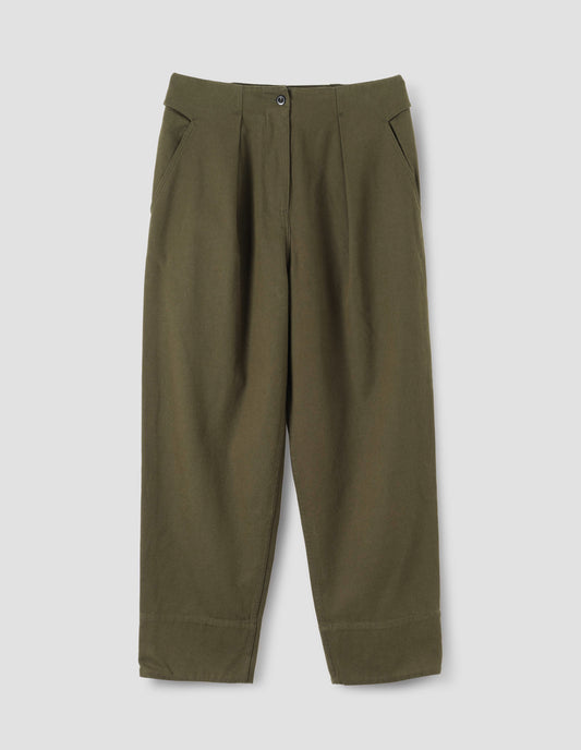 Green cotton wool trousers, with zip fly and corozo brace button fastening, self waistband detail, slant pockets, front pleats and deep stitch hem. Front flat lay view.