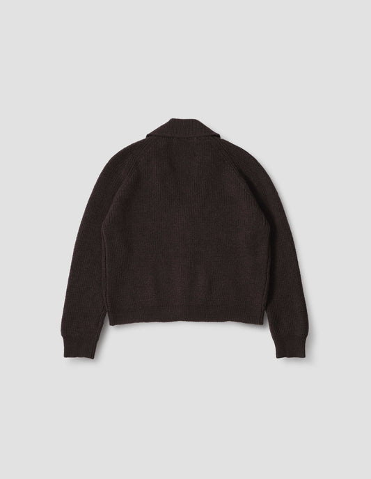 Brown wool collared cardigan with raglan sleeve, contrast rib on collar, placket and hem. Back flat lay view.