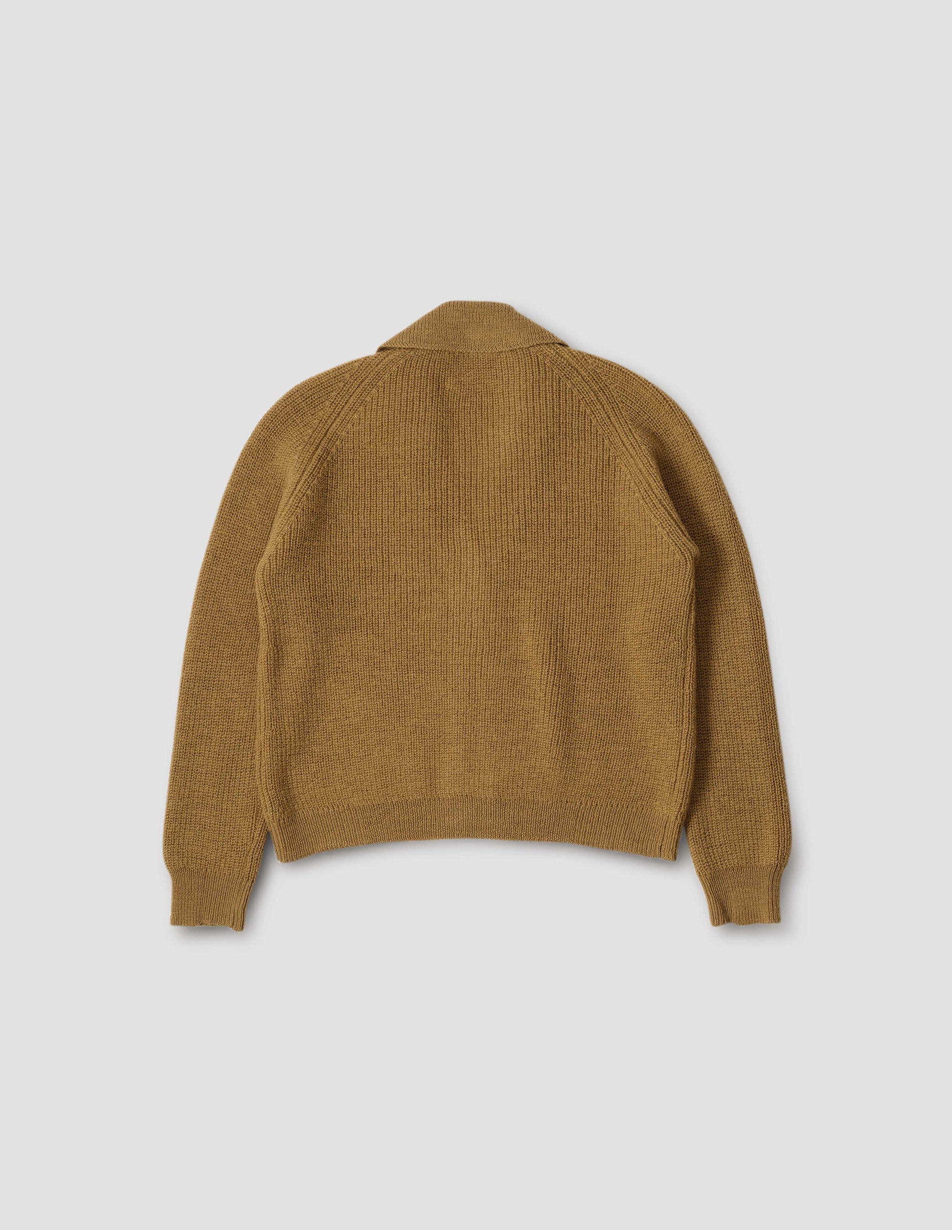 Yellow wool collared cardigan with raglan sleeve, contrast rib on collar, placket and hem. Back flat lay view.