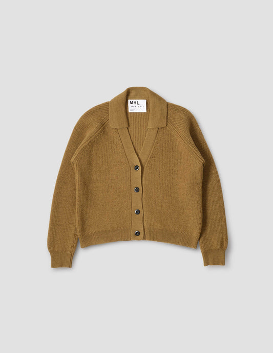 Yellow  wool collared cardigan with raglan sleeve, contrast rib on collar, placket and hem and corozo brace button closure. Front flat lay view.