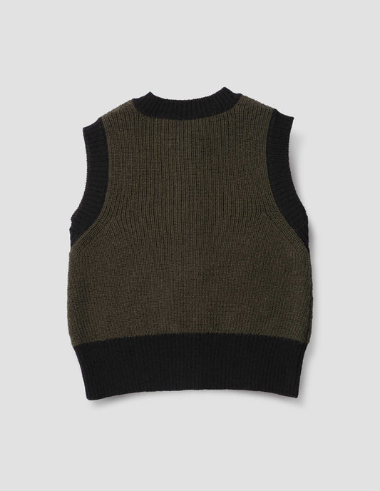 Dark green and black contrast trim waistcoat, with contrast rib detailing and deep hem. Back flat lay view.