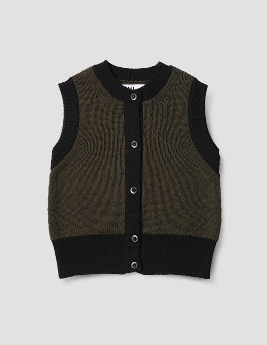 Dark green and black contrast trim waistcoat, with contrast rib detailing and deep hem, finished with corozo brace button fastening. Front flat lay view.